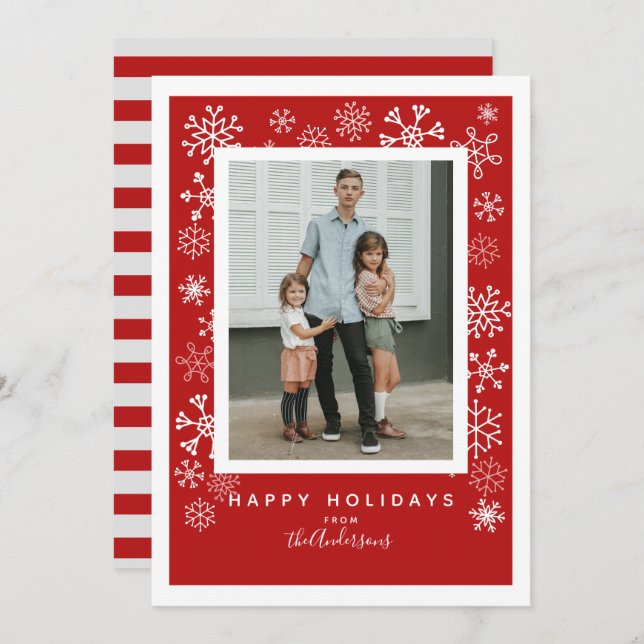 Snowflakes on Red Single Photo Christmas Holiday Card (Front/Back)