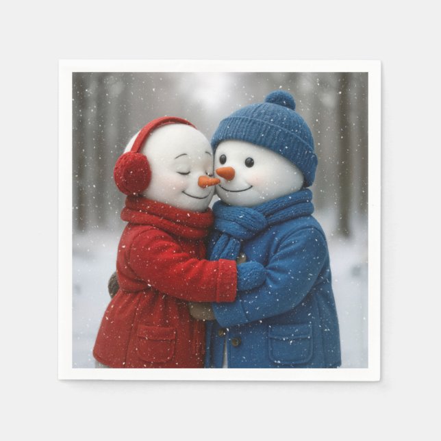 Snowflakes on Snowman Couple in Winter Forest Napkin (Front)