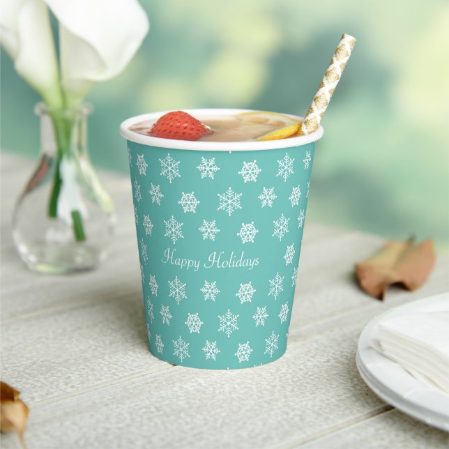 Snowflakes on Teal Party Paper Cups (Insitu)