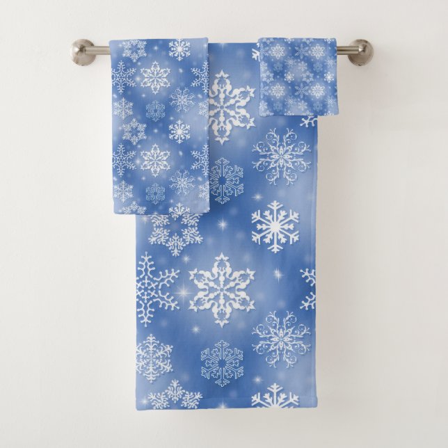 Snowflakes On Winter Blue Bath Towel Set (Insitu)