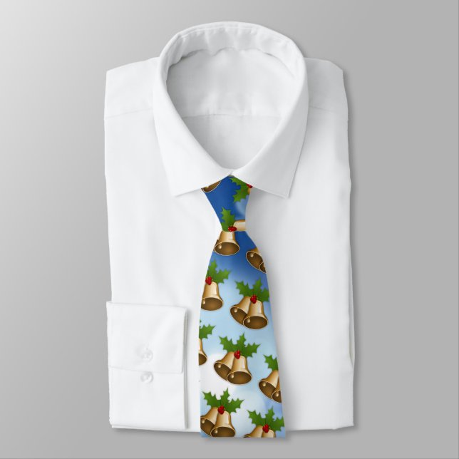 Snowflakes on Winter Sky and Christmas Bells Tie (Tied)