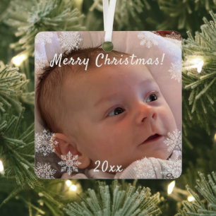 Snowflakes One Photo Christmas Personalised Metal Tree Decoration