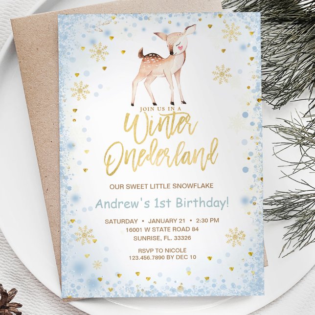 Snowflakes Onederland Christmas Reindeer Birthday  Invitation (Creator Uploaded)