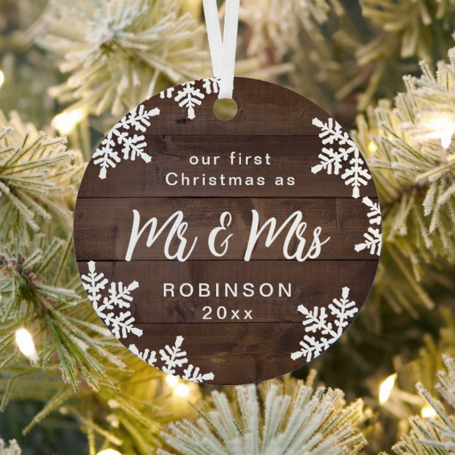 Snowflakes Our First Christmas Mr & Mrs Script Metal Tree Decoration (Insitu)