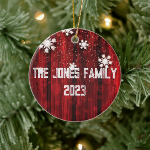 Snowflakes over Rustic Red Wood - Personalise Ceramic Tree Decoration