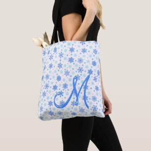 Snowflakes Pastel Baby Blue Modern Custom Monogram Tote Bag