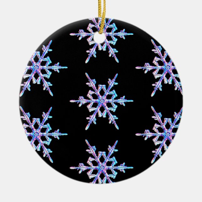 Snowflakes, pastel Iridescent crystal on black Ceramic Tree Decoration (Front)
