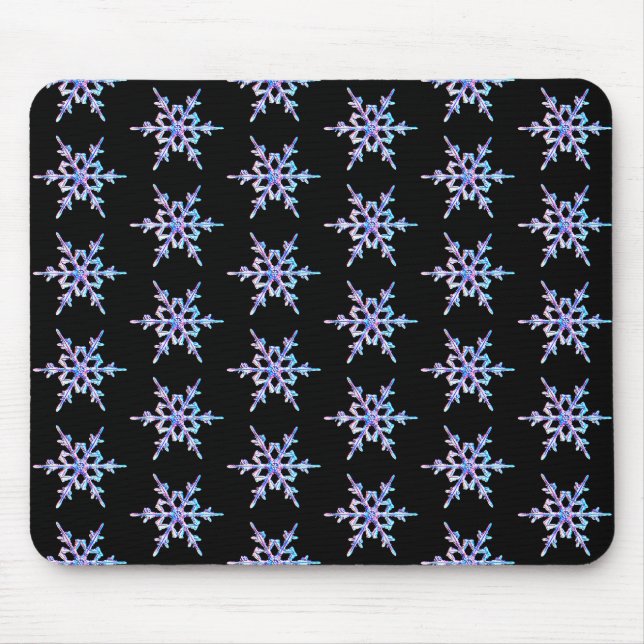 Snowflakes, pastel Iridescent crystal on black Mouse Pad (Front)