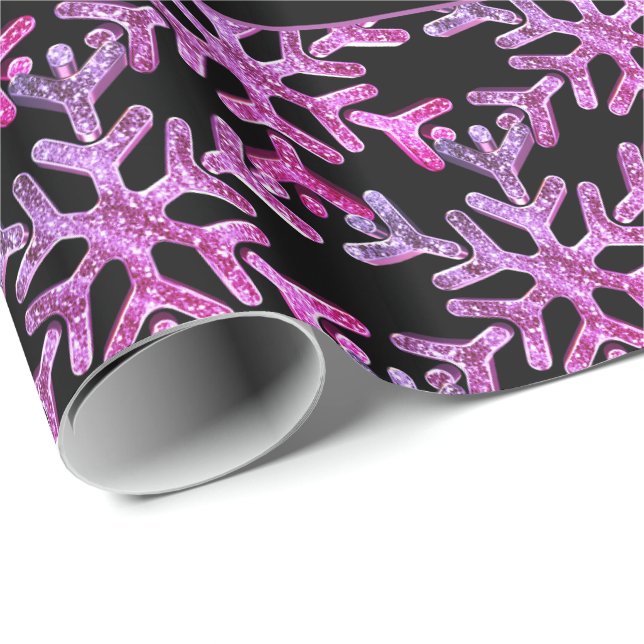 Snowflakes Pattern Black and Pink Christmas Wrapping Paper (Roll Corner)