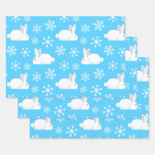 Snowflakes Pattern Cute Bunny Merry Christmas Gift Wrapping Paper Sheet