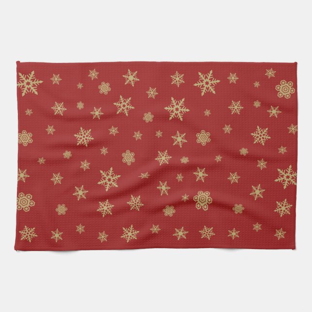 Snowflakes Pattern Gold on Red Tea Towel (Horizontal)