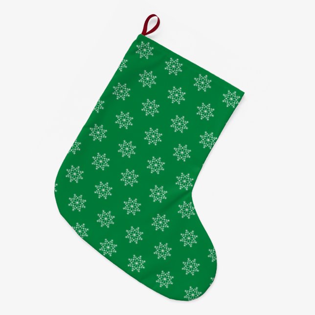 Snowflakes Pattern Green Colour Xmas Holidays  Large Christmas Stocking (Front (Hanging))