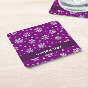 Snowflakes Pattern on Purple Square Paper Coaster