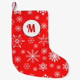 Snowflakes pattern white and red initial monogram small christmas stocking