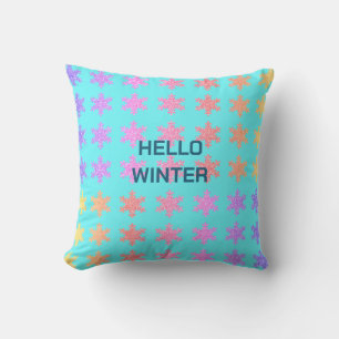 Snowflakes Patterns Hello Winter Typography Blue Cushion