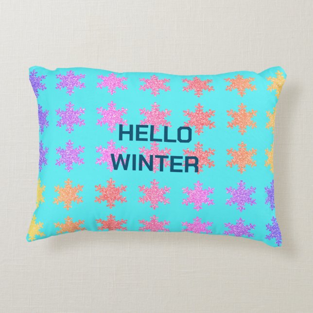 Snowflakes Patterns Hello Winter Typography Blue Decorative Cushion (Back)