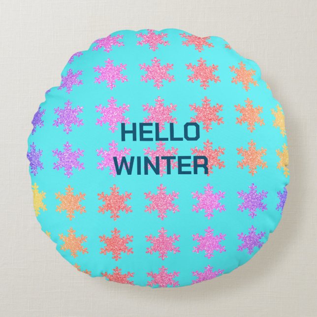 Snowflakes Patterns Hello Winter Typography Blue Round Cushion (Front)