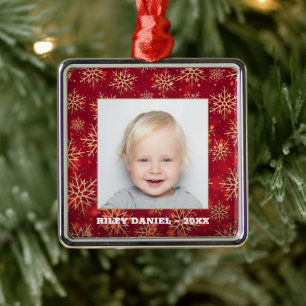 Snowflakes Photo Red Metal Tree Decoration