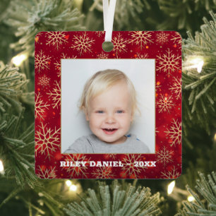 Snowflakes Photo Red Metal Tree Decoration