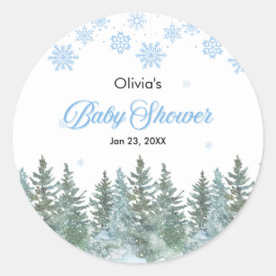 Snowflakes Pine Trees Winter Baby Shower  Classic Round Sticker