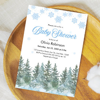 Snowflakes Pine Trees Winter Baby Shower Invitation