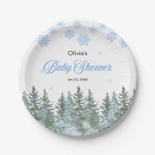 Snowflakes Pine Trees Winter Baby Shower  Paper Plate