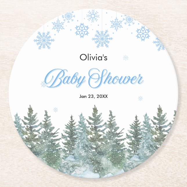 Snowflakes Pine Trees Winter Baby Shower  Round Paper Coaster (Front)