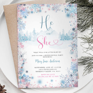 Snowflakes PInk Blue Gender Reveal Invite
