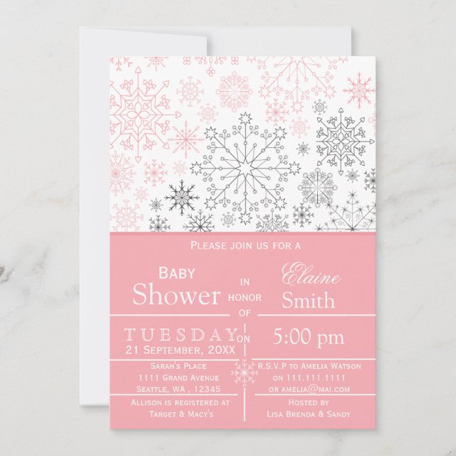 Snowflakes Pink Grey Winter Baby shower Invite (Front)