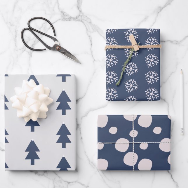 Snowflakes Pink Navy Christmas Tree Snow Snowflake Wrapping Paper Sheet (Front)