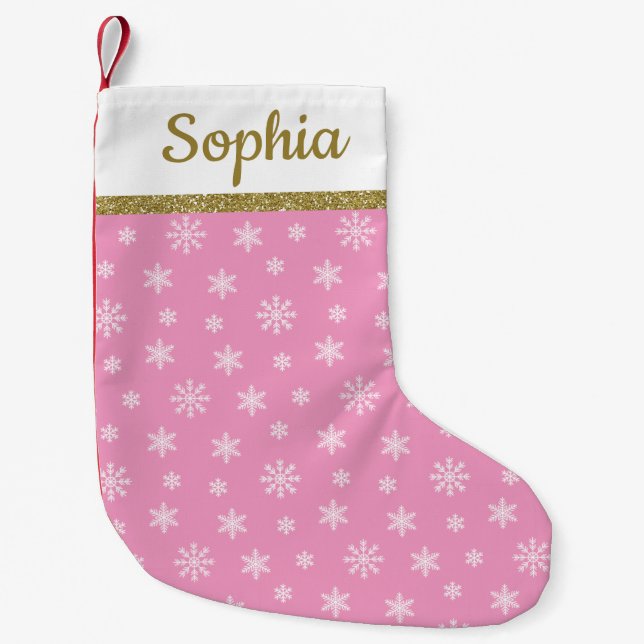 Snowflakes Pink pattern personalised name Small Christmas Stocking (Front)