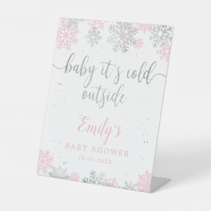 Snowflakes Pink Silver Baby Shower Welcome Pedestal Sign