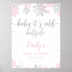 Snowflakes Pink Silver Baby Shower Welcome Sign