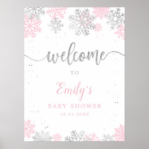 Snowflakes Pink Silver Girl Baby Shower Welcome Poster