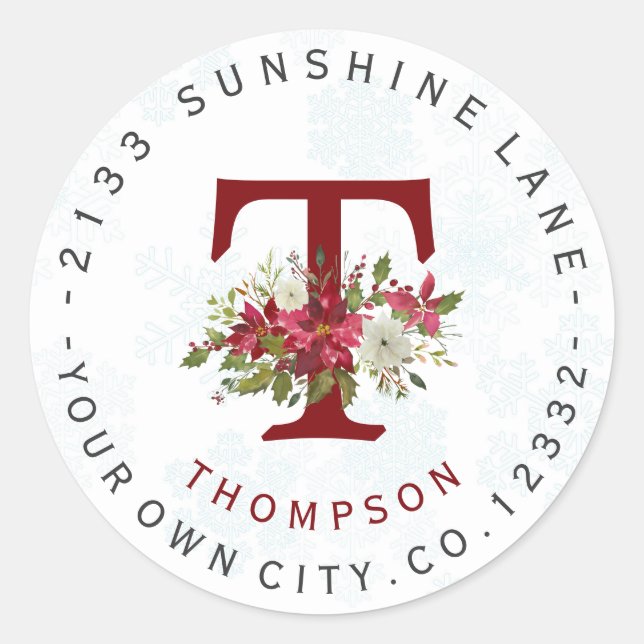 Snowflakes Poinsettia Monogram Address Label (Front)