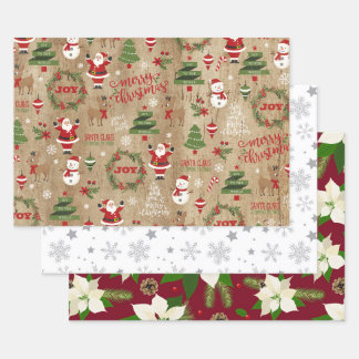 Snowflakes Poinsettias and Santa Claus Wrapping Paper Sheet