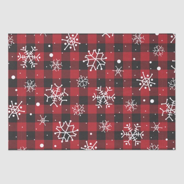 Snowflakes Red Black Buffalo Plaid Tissue Paper (Front)