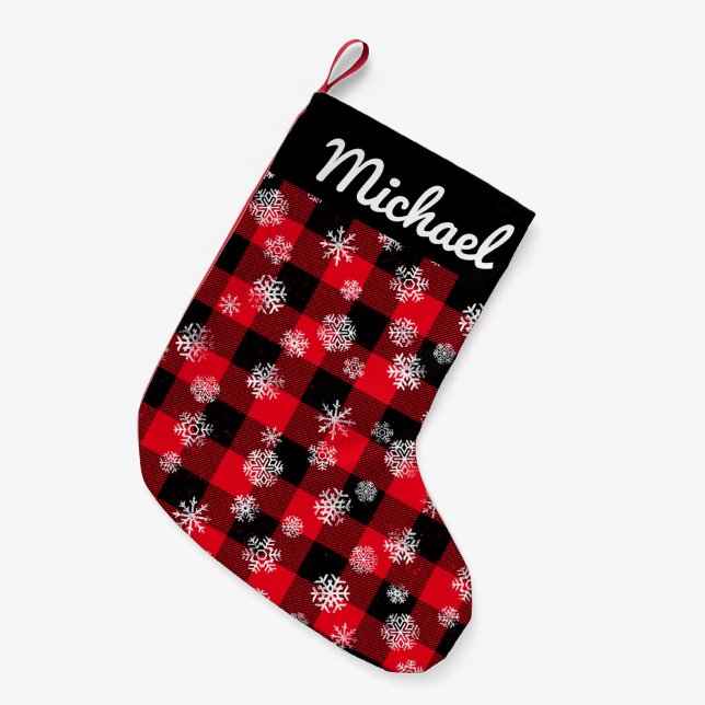 Snowflakes Red Buffalo Plaid l Christmas Pattern Small Christmas Stocking (Front (Hanging))