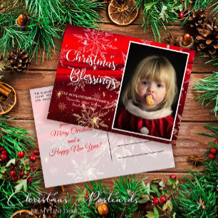 Snowflakes Red Christmas Blessings Family Picture Holiday Postcard
