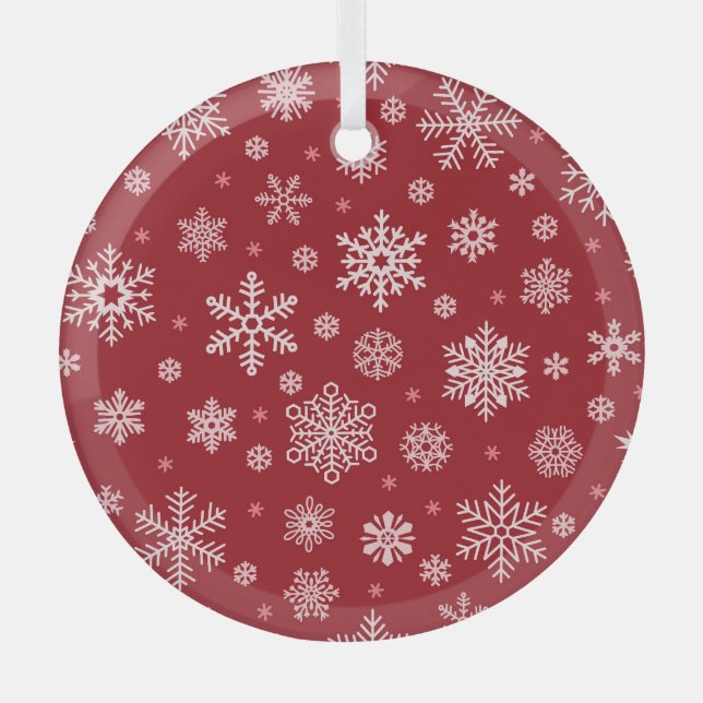 Snowflakes, red decor, Christmas pattern. Glass Tree Decoration (Front)
