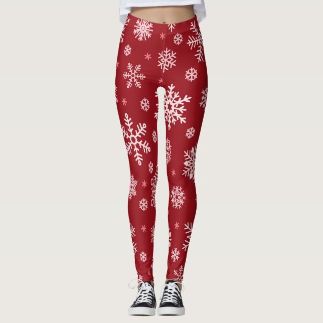 Snowflakes, red decor, Christmas pattern. Leggings (Front)