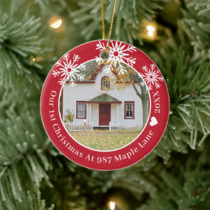 Snowflakes Red First Christmas In New Home Photo Ceramic Tree Decoration