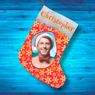 Snowflakes Red & Gold Festive Elegant Photo Name Small Christmas Stocking
