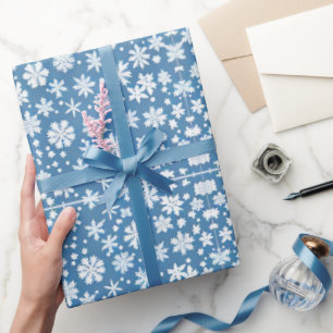 Snowflakes repeating pattern white blue  wrapping paper