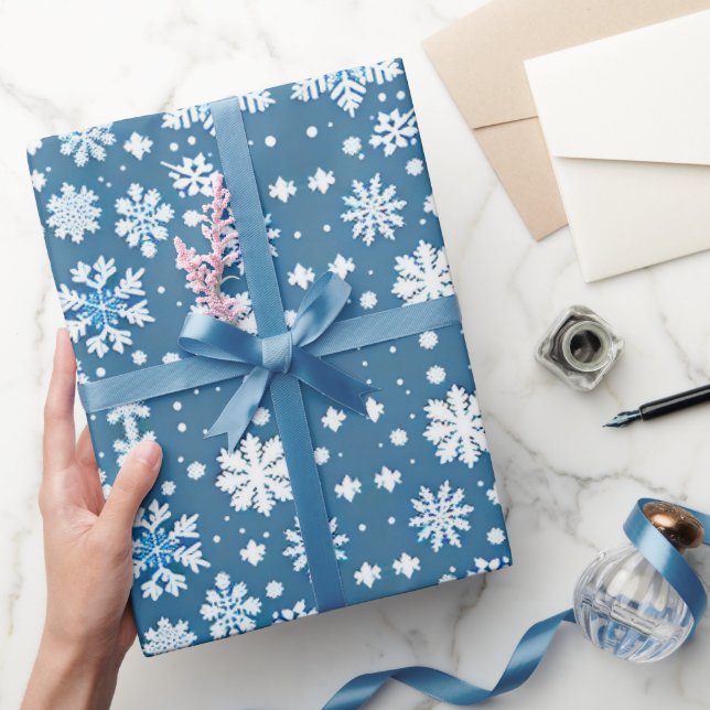 Snowflakes repeating pattern white blue  wrapping paper (Gifting)