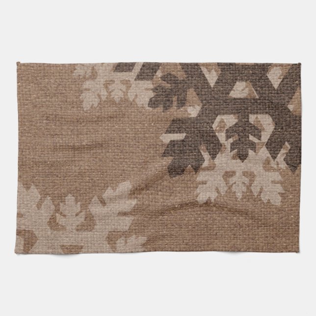 Snowflakes Rustic Stylish Faux Burlap Chic Holiday Tea Towel (Horizontal)