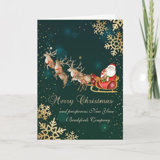 Snowflakes Santa Claus Reindeer Sleigh Holiday Card (Front)