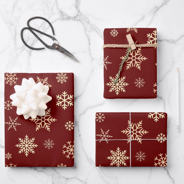 Snowflakes Seamless Pattern Maroon Christmas Wrapping Paper Sheet (Front)
