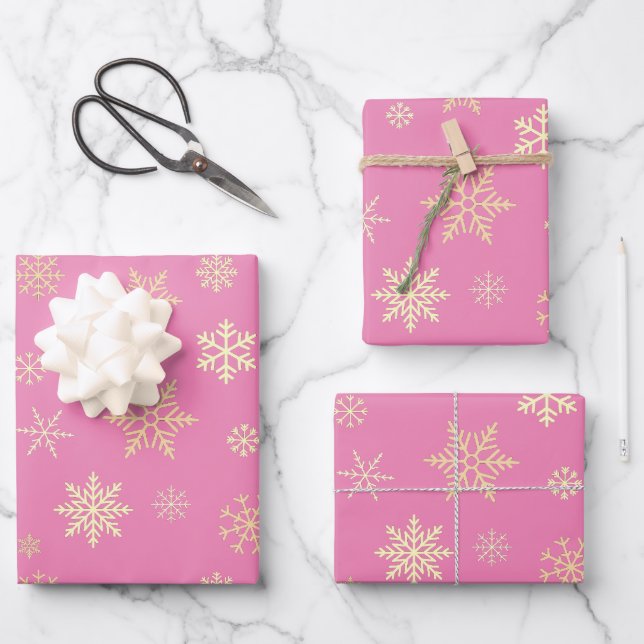 Snowflakes Seamless Pattern Pink Christmas Wrapping Paper Sheet (Front)