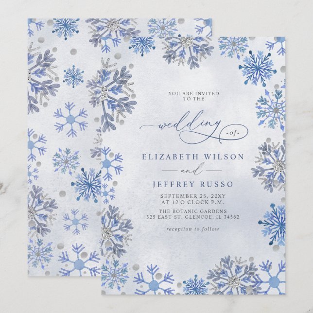 Snowflakes Silver Blue Christmas Winter Wedding Invitation (Front/Back)